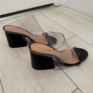 Clear Transparent Black Leather Block Heel